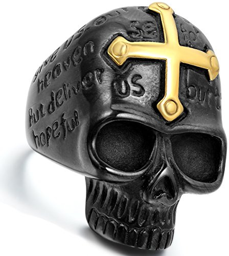 Flongo Herrenring Männer Ringe Daumenring Bandring Siegel Ring, Edelstahl Ring Band Schwarz Gold Golden Totenkopf Schädel Kruzifix Kreuz Bibel Herr Gebet Gotik Herren