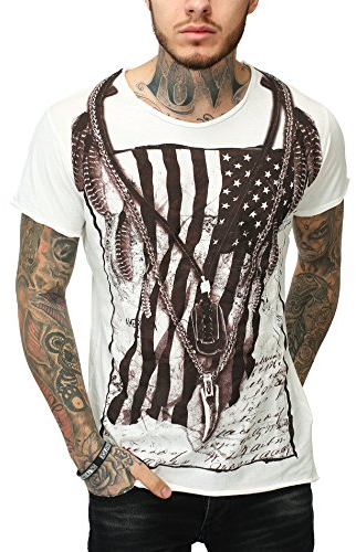 Key Largo Herren T-Shirt RACERBLADE Flaggenmotiv Printshirt Frontprint Vintage Look verwaschen Slim Fit Schnitt USA Amerika Rundhalsausschnitt weiß XXL