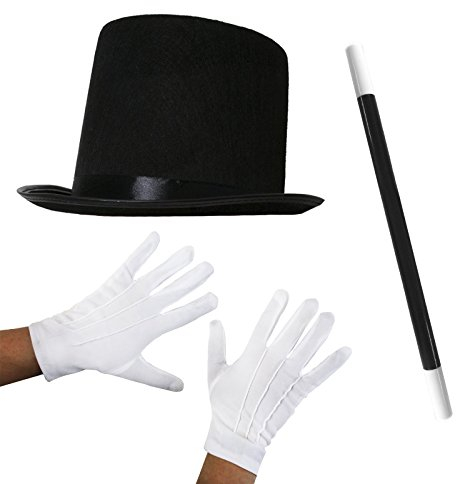 0207VP6OS4P Ensemble de 3 Accessoires de Magicien avec Chapeau, Baguette Magique et Gants Blancs