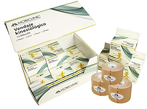 Mobiclinic®, 12er Pack Kinesiologie Tape, Neurologisches Klebeband, Von 5m x 5cm, Sportpflaster, Muskelentspannung, Kinesiologischer Verband, Face, Beige