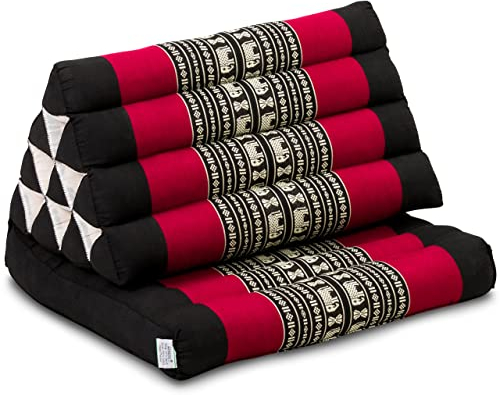 livasia Thaikissen mit 1 Auflage - 75x50x8cm - Dreieckskissen mit Sitzkissen, Keilkissen mit Kapok, Rückenkissen faltbar, Thaimatte zum Klappen, handgefertigt, Meditationskissen (Schwarz/Elefanten)
