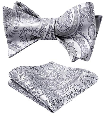 HISDERN Selbst Fliege Einstecktuch Set Paisley und Floral für Männer Fliegen Taschentuch für Hochzeitsfeier Grey