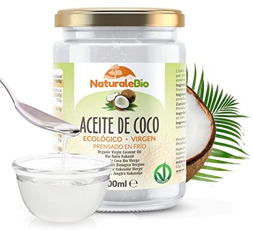 NaturaleBio Huile de Coco Bio Vierge 500 ml. Crue et Pressée à Froid. Organique et Naturel. Huile Bio Native Non Raffinée. Pays d'origine Sri Lanka.