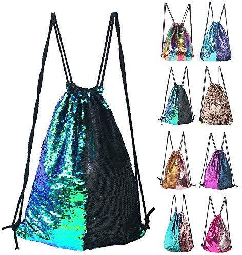 Winmany, Rucksack mit Kordelzug, Tragetasche, Schulterbeutel, im modischen Meerjungfrauen-Design mit glitzernden Schuppen, beidseitig verwendbar, sportlich, grün / schwarz