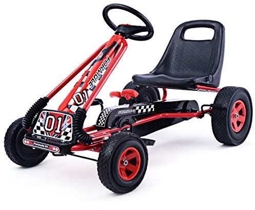 Costzon Go Kart for Kids, 4 Wheel Off-Road Pedal Go Cart w/Adjustable Seat, 2 Safety Brakes, EVA Rubber Tires, Ride-On Toys for Boys Girls, Outdoor Racer Pedal Car (Red, 40 L x 24''W x 24.5''H)
