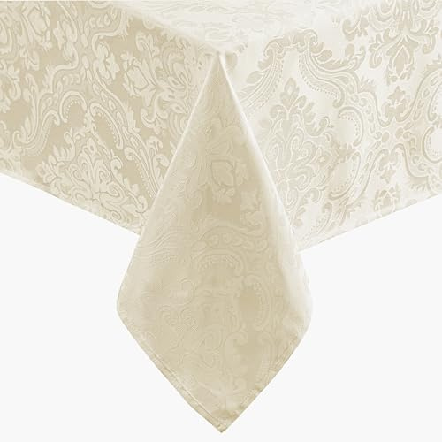 ELRENE HOME FASHIONS Caiden Elegance Damask Waterproof, Stain & Wrinkle Resistant Fabric Tablecloth, 60 x 84 Oblong/Rectangle, Ivory