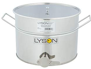 LYSON Abfüllbehälter 30l (ca. 40 kg) für Honig, Abfülleimer mit rostfreiem Quetschhahn, Edelstahl Absetzbehälter zum Honigaufbewaren mit Deckel und Griffen-Abfülltopf TYPE (304) Hobbock Abfüllkübel