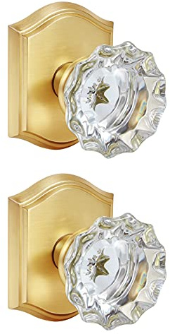 CLCTK Paquete de 2 pomos de puerta falsos de cristal dorado claro, sin giro, sin bloqueo, de un solo lado, para puertas interiores, latón satinado