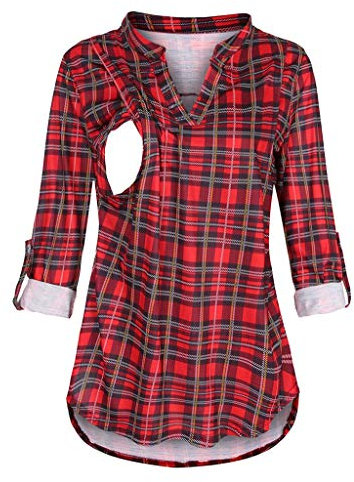 Chaconka Femmes Enceintes Chemise de Maternité Allaitement à Manches Longues Col Rond Haut Chemisier Carreaux Solide Pull Tunique T-Shirt Grossesse Grande Taille Atuomne Hiver