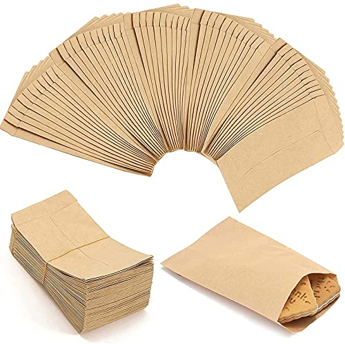 VEGCOO 150 Pcs Sachet Papier Kraft, 6 * 10cm Petit Sac en Papier Alimentaire, Pochette Cadeau Craft pour Stocker Bonbon/Herbes/Graines/Pilule/Bibelots/Petit Objet (6 * 10 cm)
