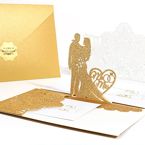 3D Pop Up Hochzeitskarte, Valentinstag Karte für hochzeitstag, Hochzeitskarten Brautpaar, Einladungskarte für Hochzeit, Jahrestag, Wedding Card, Anniversary (Goldpulver)