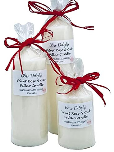 Bliss Delights Velvet Rose & Oud Natural Pillar Candle | Hand Poured Soy Candle | Plastic Free Packaging, Cruelty Free & Vegan Candles (Set of 3)