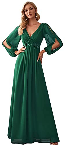 Ever-Pretty Damen Stilvolle Chiffon V-Ausschnitt Applique Plus Size Abendkleider mit Langen Laternenärmeln Dunkelgrün 44EU