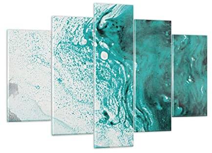 Mehrteilige Bilder auf Glas 150x100cm Glasbild Abstraktion Türkis Flüssigkeit Groß XXL Wanddeko Schlafzimmer Küche Set 5 teilige Wandbilder Dekoration Wohnzimmer Modern Wand Art GEA150x100-4572