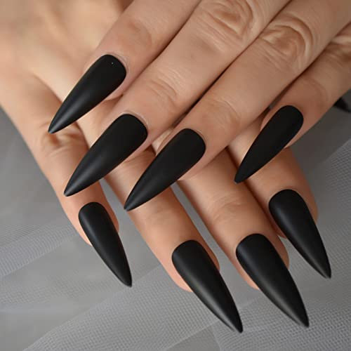 Black Extra Long Stiletto False Nails Matte Full Cover Solid Color Fake Nails Reusable Long Lasting 24 pcs/kit