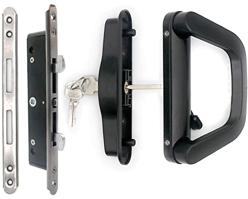 ALLYWASAI Sliding Patio Door Handle Set with Mortise Lock, Suitable for Sliding Glass Patio Door Thickness from 0.9in to 1.4in, 4-15/16 Screw Holes, Need to Drill, Reversible Design, Keyed, Black
