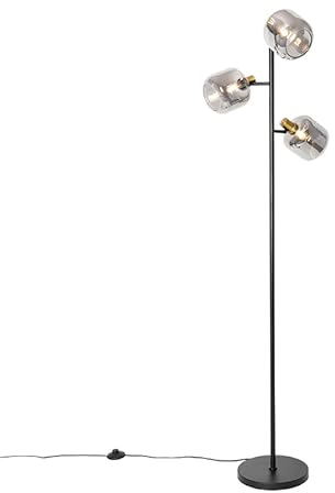 Qazqa - Modern Stehlampe schwarz mit Gold I Messing mit Rauchglas 3 Lichter - Zuzanna I Wohnzimmer I Schlafzimmer - Länglich - LED geeignet E14