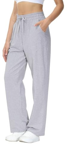 HMIYA Jogginghose Damen Baumwolle Freizeithose Lang offenem Boden Yogahose Sporthose Geradem Bein Hose mit Taschen(Grau S)