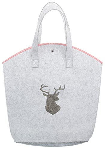 Brandsseller Filztasche Hirsch Prägung ca. 20 x 10 x 32 cm mit Magnetverschluss und roter Overlock Naht Einkaufstasche Shoppingbag Freizeittasche Hellgrau