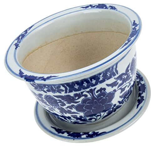 GANAZONO Indoor Planters Chinese Ceramic Plant Pot: Ceramic Planter with Saucer Blue and White Porcelain Flower Pots Chinese Bonsai Pot Floral Print Centerpiece Home Decor Flower Pots Indoor