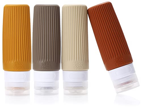LUFEVRM 4 Stück 90ml Reiseflaschen Set,BPA-frei,Silikon Auslaufsicher Nachfüllbar Tragbar Zusammendrückbar Leer Zubehör Reisegröße für Toilettenartikel,Lotion,Shampoo,Spülung,Flaschen,Behälter