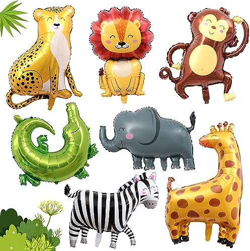 Dschungel Safari Luftballons, 7 Stück Luftballon Tiere, Jumbo Tiger Löwe Affe Zebra Giraffe Folienballon Tiere, Luftballons Tiere für Jungen und Mädchen Jungle Zoo Animal Theme Party Dekorationen