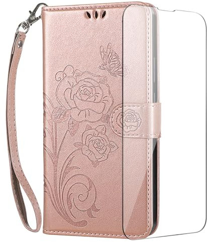 Vinanker for Samsung Galaxy S23 FE Phone Case, Premium Leather Flip Case with RFID Blocking [Included Tempered Glass Screen Protector] Wallet Cover for Galaxy S23 FE 5G (Rose Gold)