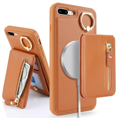 SailorTech Case for iPhone 7 Plus & 8 Plus - 2-in-1 Zipper Case with Card Holder, Ring Stand & Kickstand - Brown