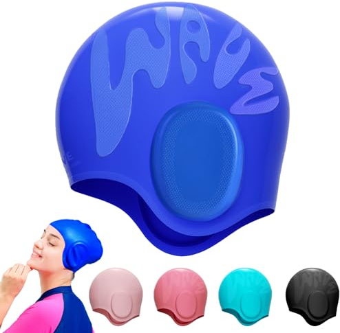 YOUYIKE Badekappe Gehörschutz 3D, Badehaube, Badekappe Damen Herren Mädchen Jungen, Schwimmmütze Damen Wasserdicht, Schwimmhaube für Kurze und Lange Haare(Navy blau)