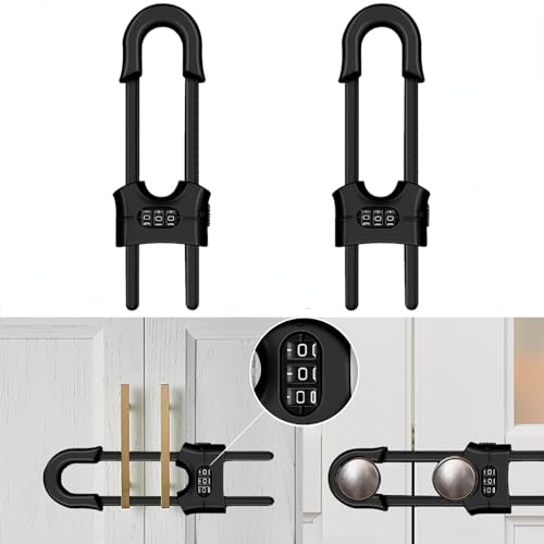 2 Pack Child Safety Sliding Cabinet Locks, Adjustable U-Shaped Child Proof Sliding Cabinet Door Code Locks 3 Digit Password, Reusable Baby Safety Cupboard Locks for Knob Handle Drawers Closet(Black)