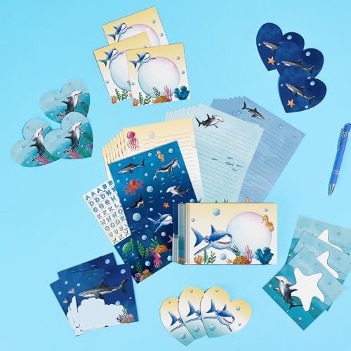 Briefpapier mit Umschlag Kinder Hai Briefpapier Set Jungen Schreibwarenset Kinder Briefpapier-Schreibset Briefpapier-Schreibblätter mit Umschlägen, Grußkarten, Aufklebern, Schreibstift