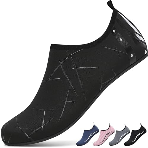 BARFULKER Badeschuhe Damen Herren Wasserschuhe Neopren Schwimmschuhe Strandschuhe Schnell Trocknend Aquaschuhe rutschfest Leicht BarfußSchuhe,Schwarz 46 EU