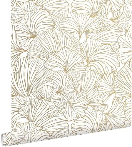 papier peint feuilles de ginkgo blanc et or 53 cm x 10.05 m - ESTAhome