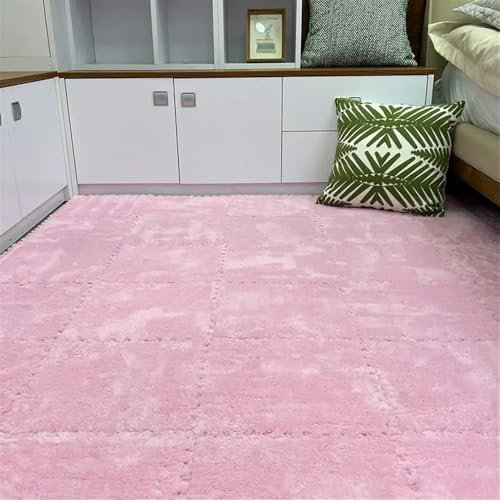 Risitei 16pcs Pink Carpet Tiles Peel And Stick Plush Puzzle Foam Floor Mat Interlocking Plush Fluffy Rug Climbing Area Carpet Squares Puzzle Floor Tiles For Home Playroom