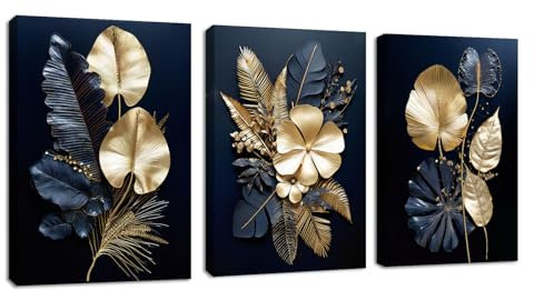 3 Pcs Fleurs bleu marine or feuilles de coco Tableau Décoration Murale Salon Impression sur Toile Image sur Toile Abstraite Peintures sur Toile Décoration Murale pour Chambre Maison Bain 50x70cmx3pcs