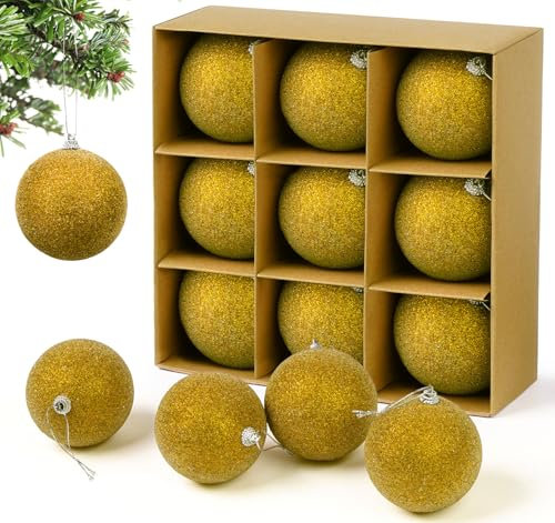 ilauke 9 Grande Bolas de Navidad Doradas,8cm Bolas Navideñas de Plástico Irrompibles Navidad,Boules en Polystyrène Dorado,Bolas de Espuma Navidad,Esferas de Plastico Navidad Idea