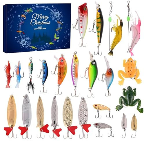 Adventskalender Angel Männer Weihnachtskalender,24 Tage Angelgerät Weihnachtskalender Angeln Köder Set,Angel Adventskalender 2024 für Fischer Erwachsene Teenager Jungen Weihnachts Countdown Kalender