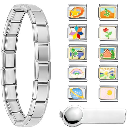 HTTYHT Italian Charm Bracelet DIY Set Silber 10 Abnehmbar Modul mit Öffnungswerkzeugen und Geschenkbox Italienische Armband Charms Edelstahl 9mm Einzigartig Abnehmbar Module Italienische Schmuck