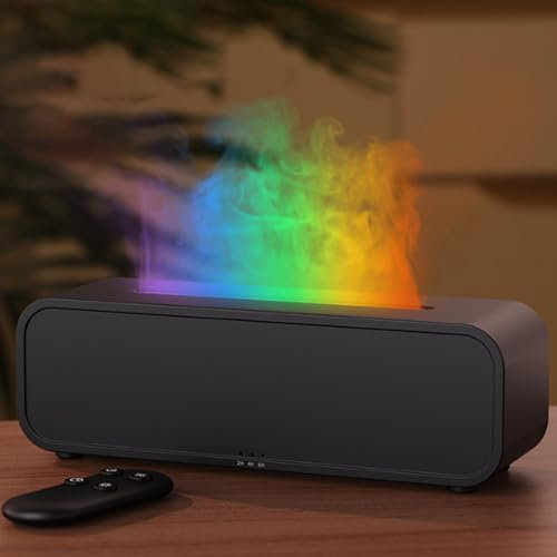 Flammen Aroma Diffuser, 7 Arten LED Lichtfarben Diffuser ätherische öle mit Fernbedienung, Diffusor für Atherische öle mit 3 Timer, Automatische Abschaltung Bei Wasserlosem Zustand, Schwarz