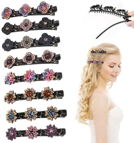 8 Pièce Cheveux Tressés Avec Strass étincelants pour Femme et Fille, Pince à Cheveux Tressée en Forme de Trèfle à Quatre Feuilles, Barrette à Cheveux Latérale à Trois Fleurs