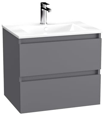 BadeDu Gers Waschbecken mit Unterschrank – 60 cm Breit, Keramikwaschbecken in Weiß mit Waschbeckenunterschrank in Matt Grau, Soft-Close-System