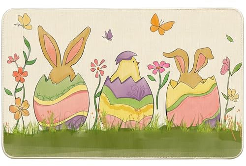 WROYGVY Fußmatte Ostern, osterdeko fußabtreter außen mit Osterei, Hase, Blume Muster, fußmatte 40x60, fussmatte innen waschbar,geeignet für Ostern Dekoration fußmatte bunt