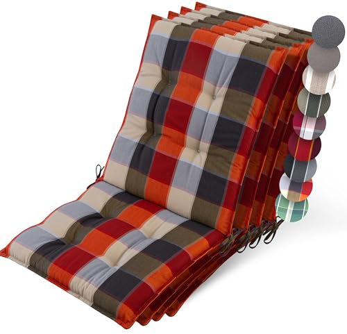 Beautissu 4er Set Premium Niedriglehner Auflage Gartenstuhl 100x50cm Sun-NL – 8cm Dick Polster Gartenstuhlauflage rutschfest Befestigungsbänder UV-Lichtechtheit 5 – Robust Orange-Beige kariert