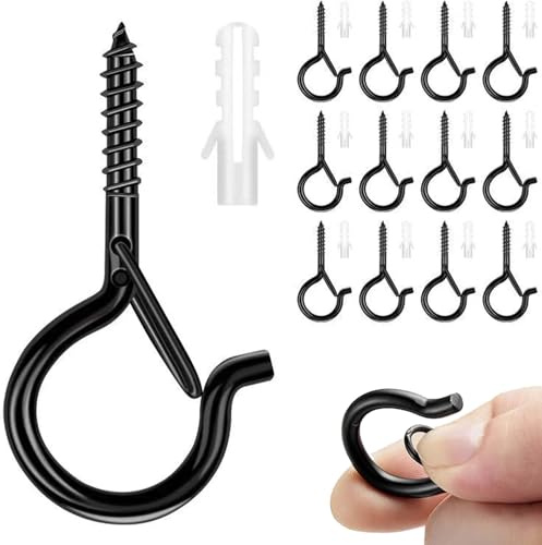 YONGYONGBUY 12 Q Screw Hooks with Safety Latch and Wall Plugs, Black, Steel | Safety latch helps keep hanging items secure; screw into wood or use the supplied plugs for masonry.