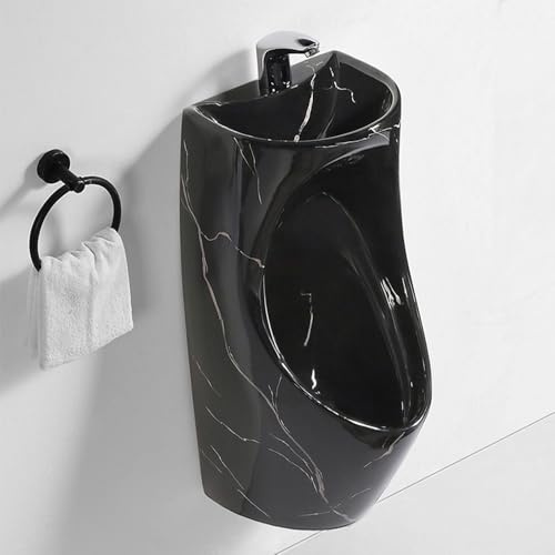Urinals for Men Bathroom, with Wash Basin and Faucet, Wall Ceramic Urinal, for Home, School, Shopping Mall(Black)
