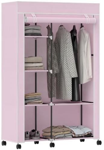 HOMCOM Armario de Tela con Barra para Colgar 103x43x162,5 cm Rosa | Armario Portátil, 6 Estantes, Marco de Acero, para Dormitorio, Vestidor