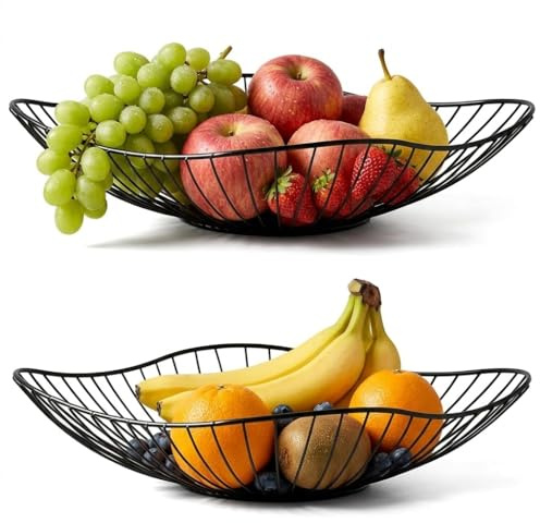 Zbozzba 2er Set Obstkörbe Metall,Obstkorb schwarz,Moderner Metall Obstkorb mit Hohlraum design,Flacher,für Haushalt, Stilvoller Geschenk,Party(Schwarz)