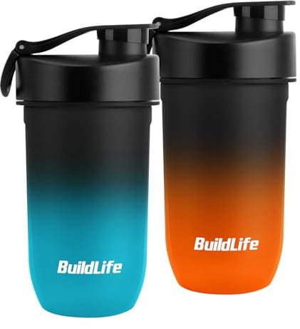 BuildLife Shaker Bottle 2 Pack, 600ML Tritan Protein Shaker Water Bottle, Shakes Cup with Strainer for Protein Powder Supplement Smoothie Quiet Mixing, Dishwasher Safe (BlackBlue+BlackOrange)