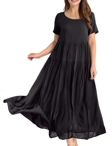 YESNO Women Dresses Casual Plus Size Bohemian Short Sleeve Floral Long Maxi Summer Beach Swing Dress/Pockets M EJFUK Black