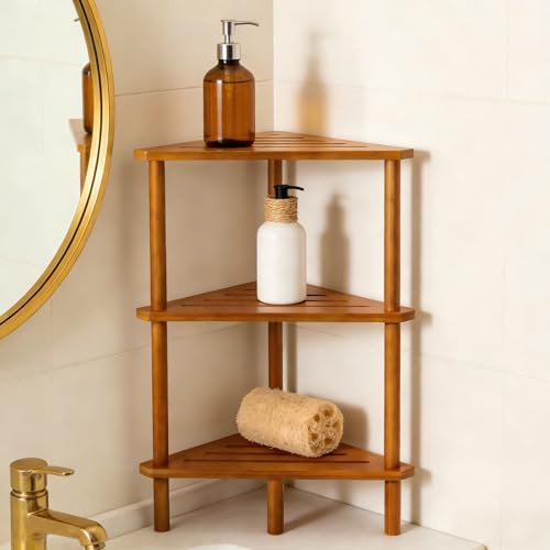 Yoshiky 3-Tier Free Standing Corner Shower Caddy, Bamboo Wood Bathroom Shower Shelf Table for Inside Shower Organizer & Storage Foot Rest Shower Stool